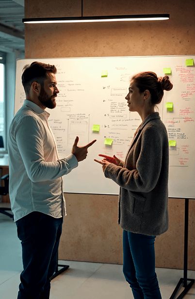 Team collaborating on an intelligent solution at a whiteboard